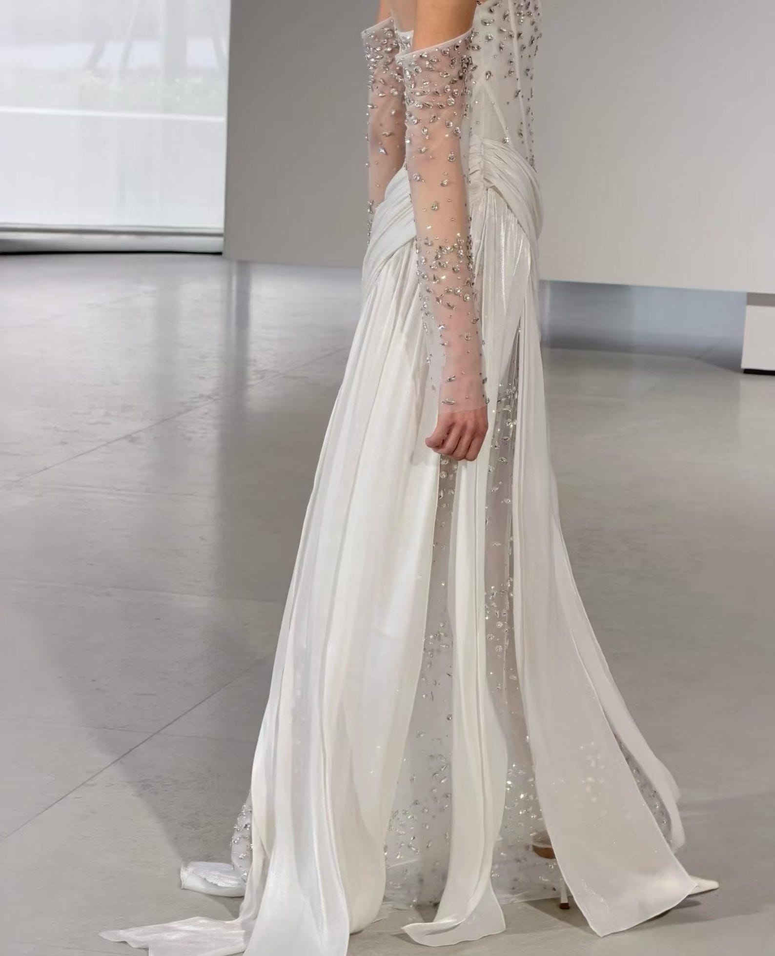 Corset Beaded Draped Slit Bridal Gown with Gloves