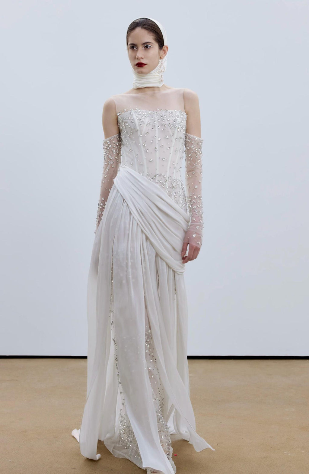Corset Beaded Draped Slit Bridal Gown with Gloves