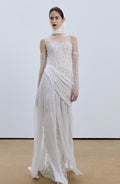 Corset Beaded Draped Slit Bridal Gown with Gloves