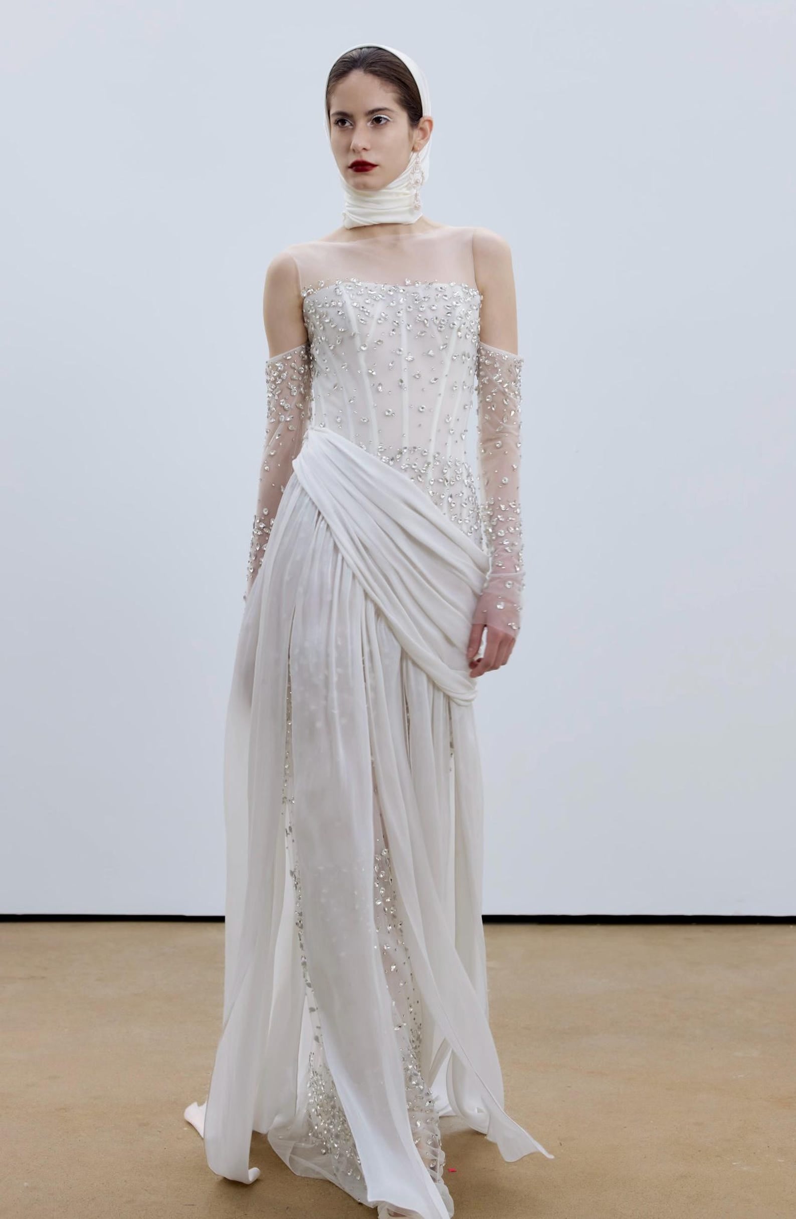Corset Beaded Draped Slit Bridal Gown with Gloves