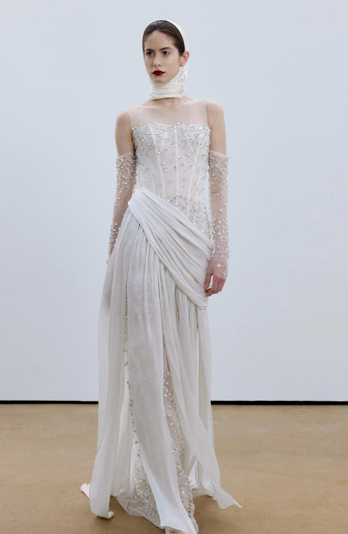 Corset Beaded Draped Slit Bridal Gown with Gloves