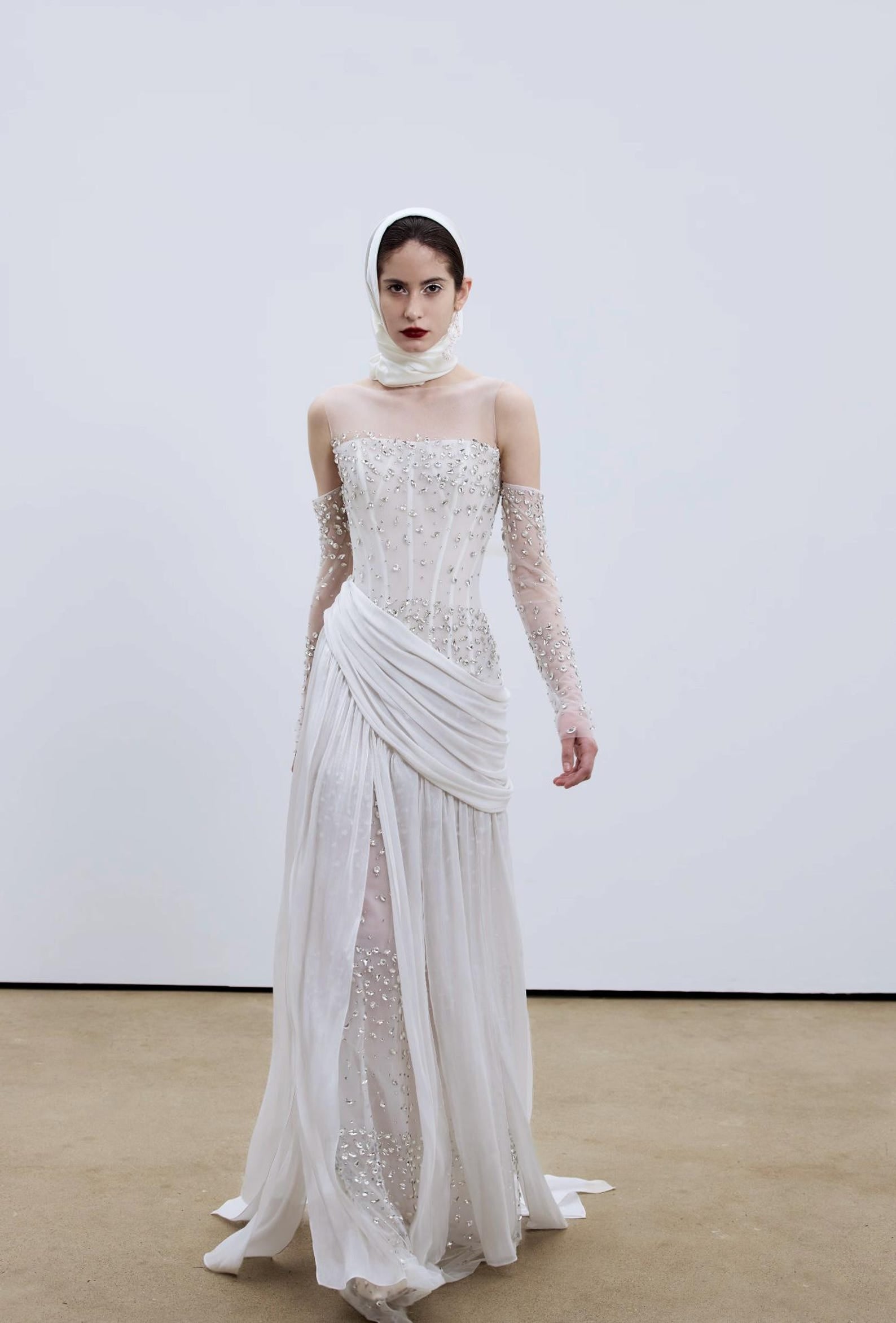 Corset Beaded Draped Slit Bridal Gown with Gloves