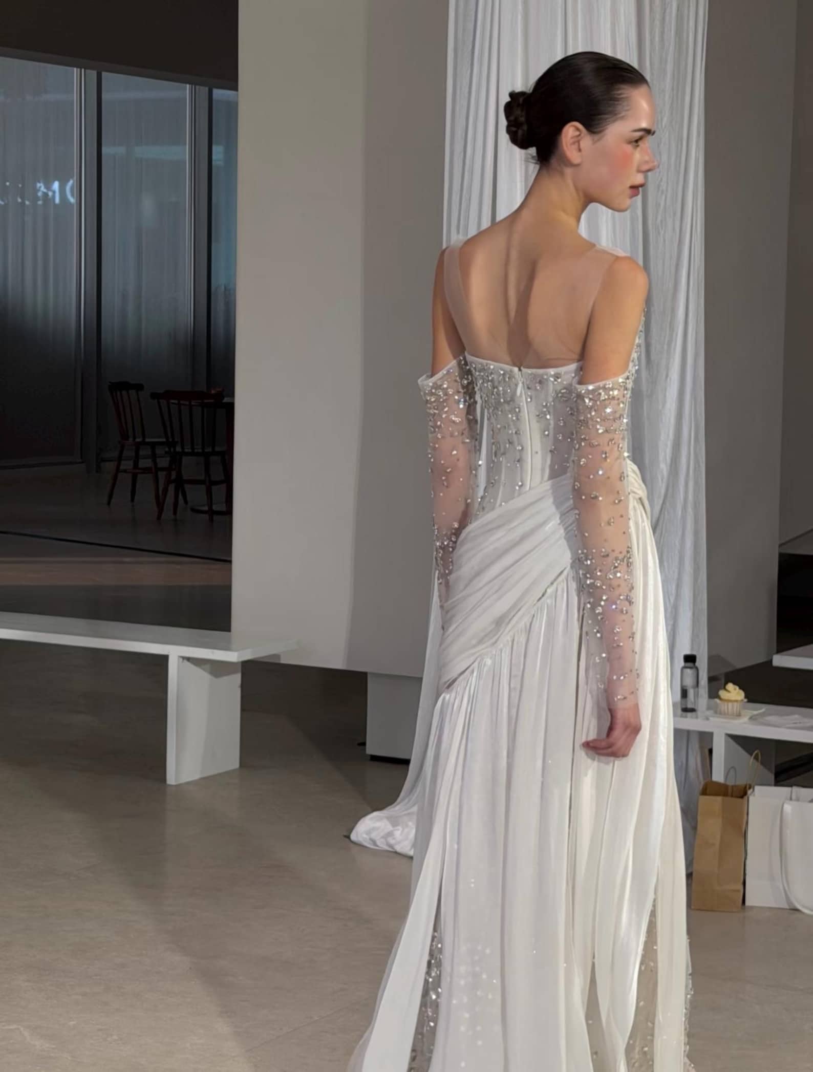 Corset Beaded Draped Slit Bridal Gown with Gloves