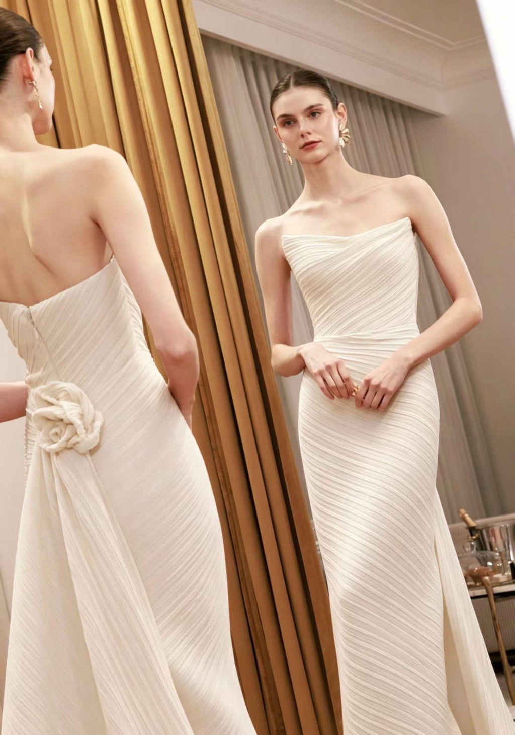 Pleated Satin Strapless Mermaid Bridal Gown with 3D Rose