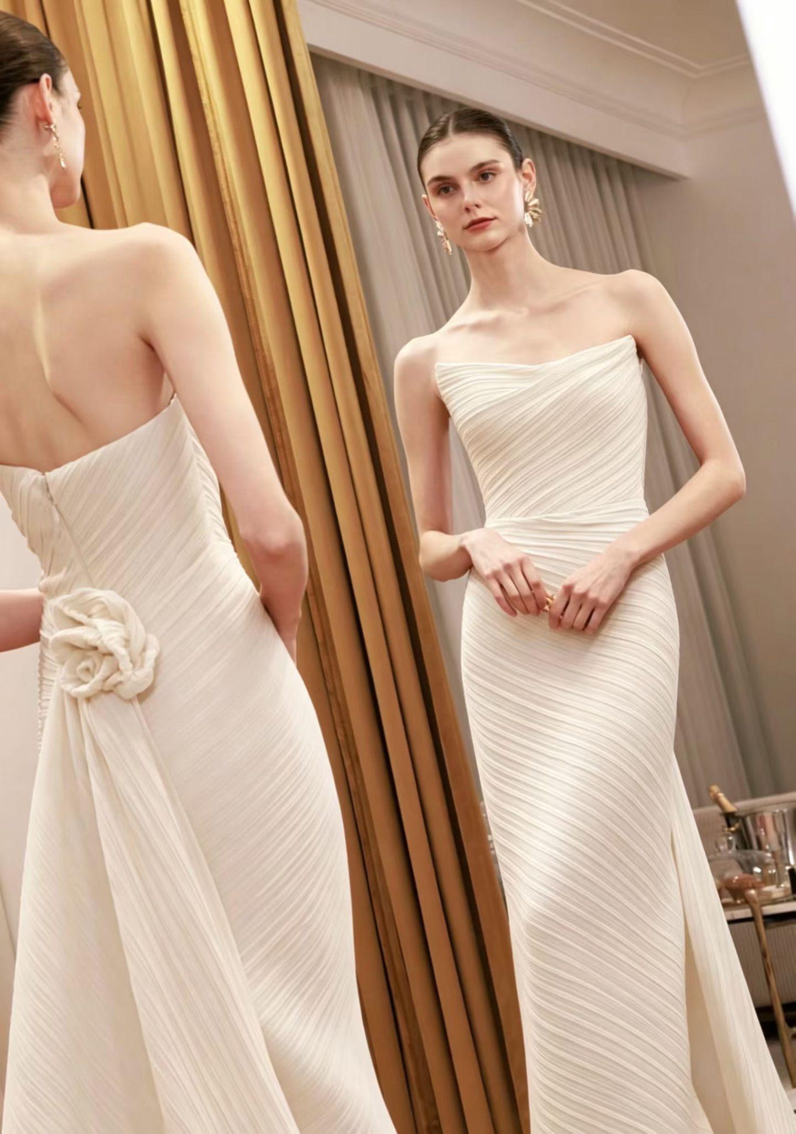 Pleated Satin Strapless Mermaid Bridal Gown with 3D Rose