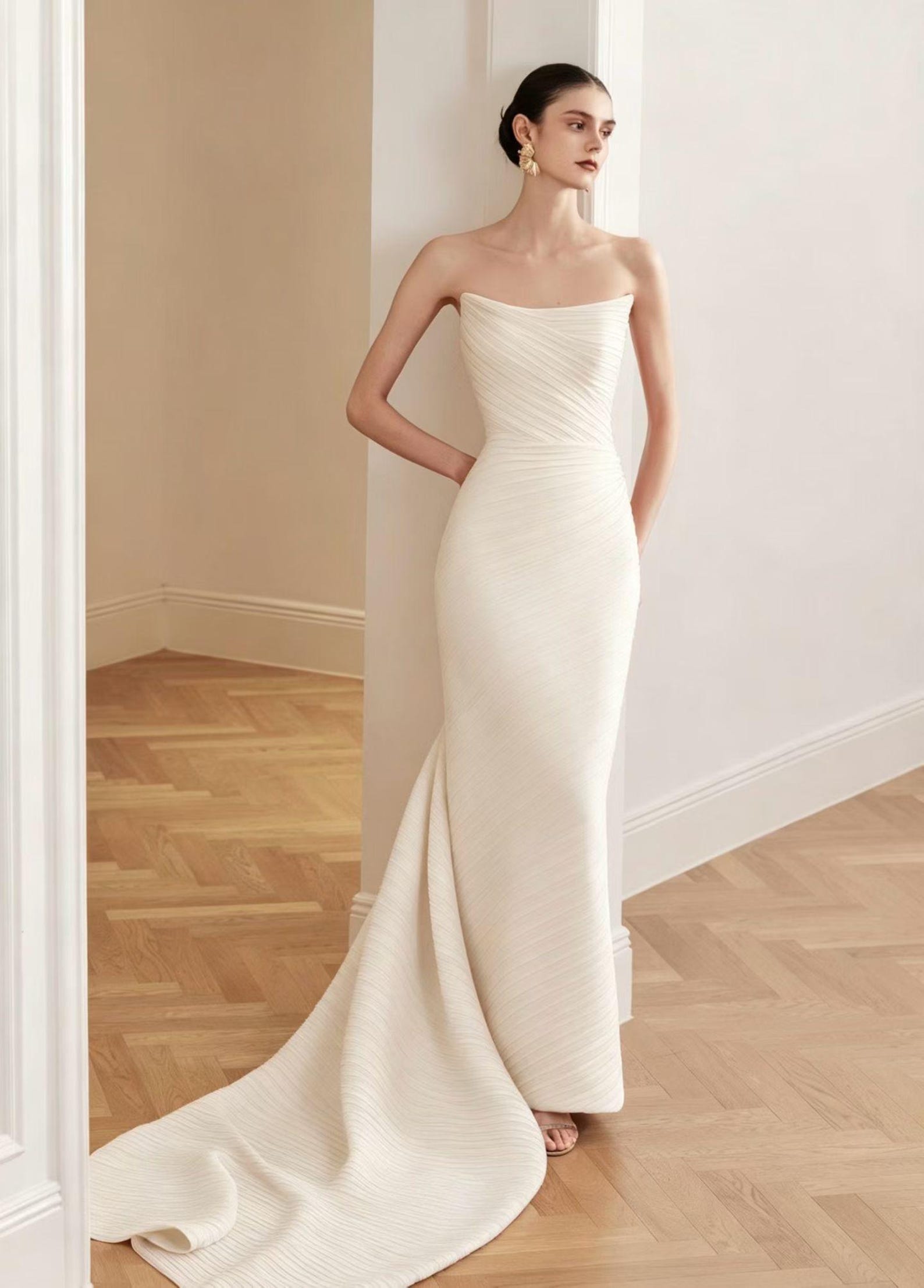 Pleated Satin Strapless Mermaid Bridal Gown with 3D Rose