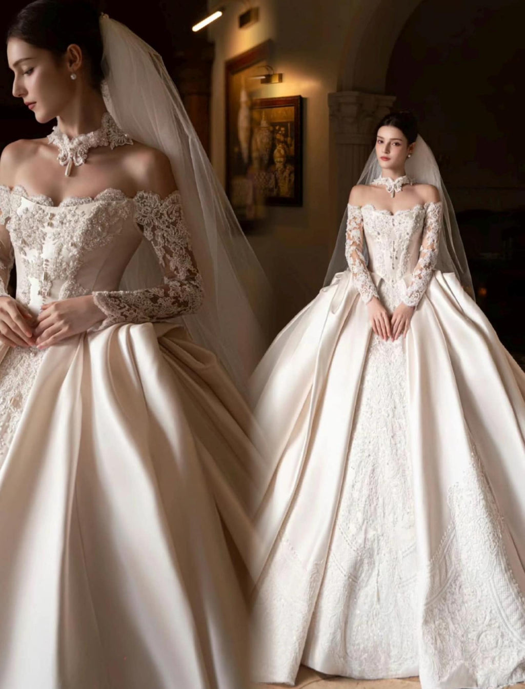 Royal Castle Style Bridal Ballgown, High Neck Lace Choker Long Sleeve Wedding Dress, Heavy Embroidery Satin Wedding Gown for Bride