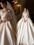Royal Castle Style Bridal Ballgown, High Neck Lace Choker Long Sleeve Wedding Dress, Heavy Embroidery Satin Wedding Gown for Bride