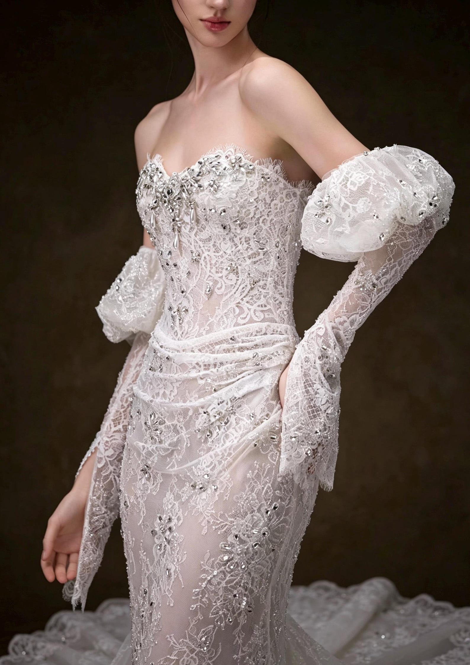 Off Shoulder Puff Sleeve Lace Mermaid Wedding Dress, Beaded Fitted Bridal Gown