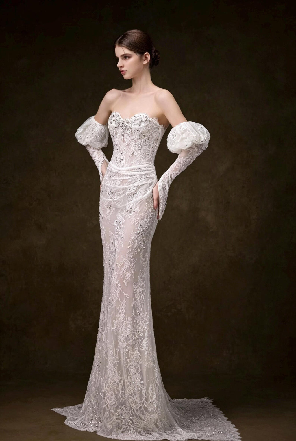 Off Shoulder Puff Sleeve Lace Mermaid Wedding Dress, Beaded Fitted Bridal Gown