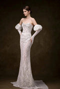 Off Shoulder Puff Sleeve Lace Mermaid Wedding Dress, Beaded Fitted Bridal Gown