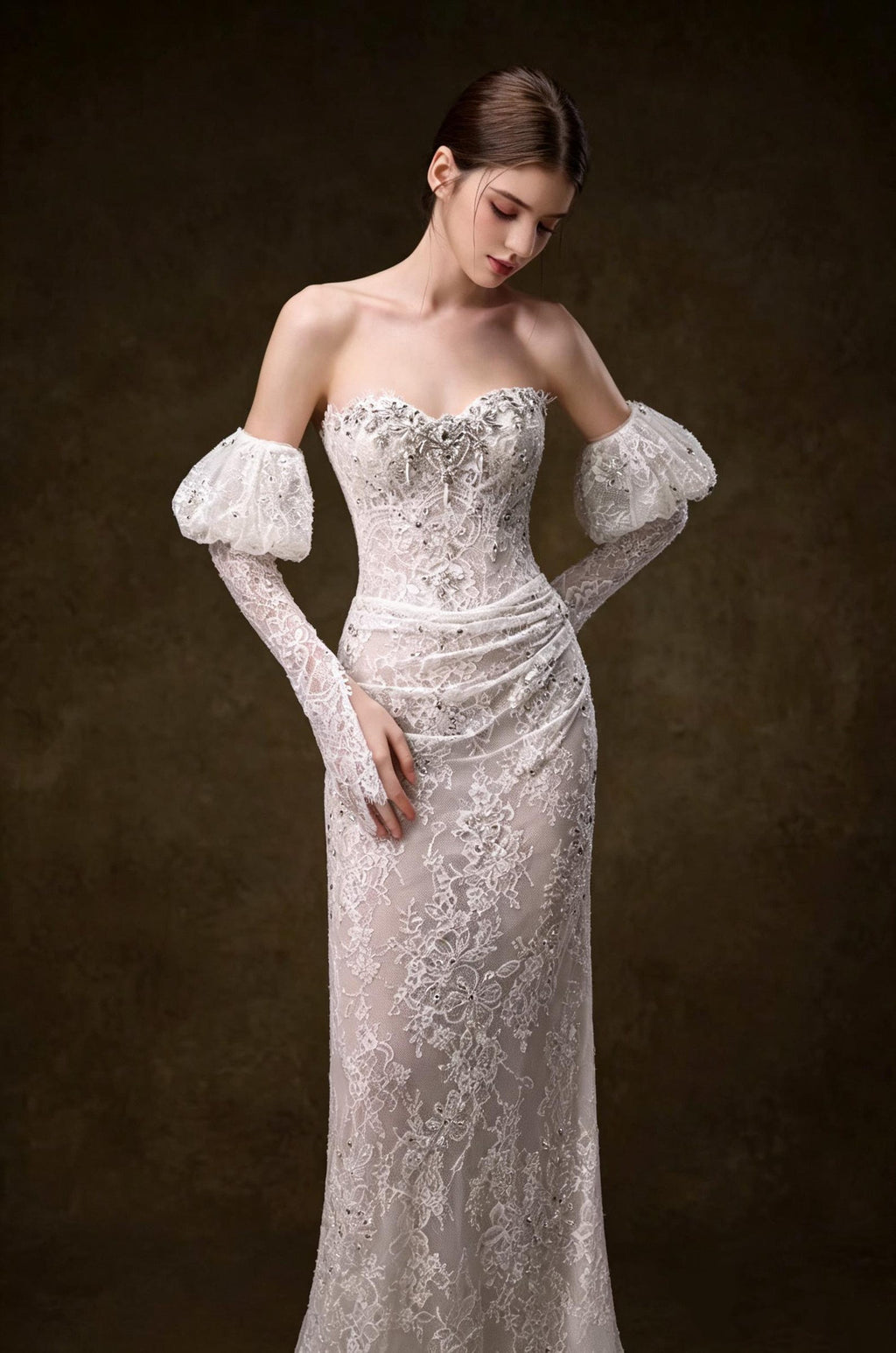 Off Shoulder Puff Sleeve Lace Mermaid Wedding Dress, Beaded Fitted Bridal Gown