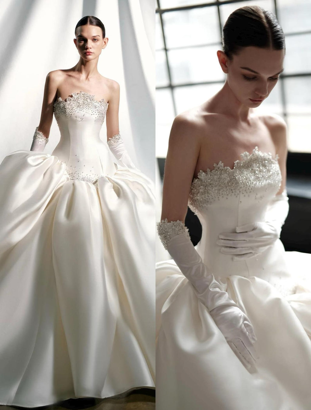 Strapless Beaded Satin Ball Gown Wedding Dress, Luxury Voluminous Skirt Bridal Gown with Lace Gloves