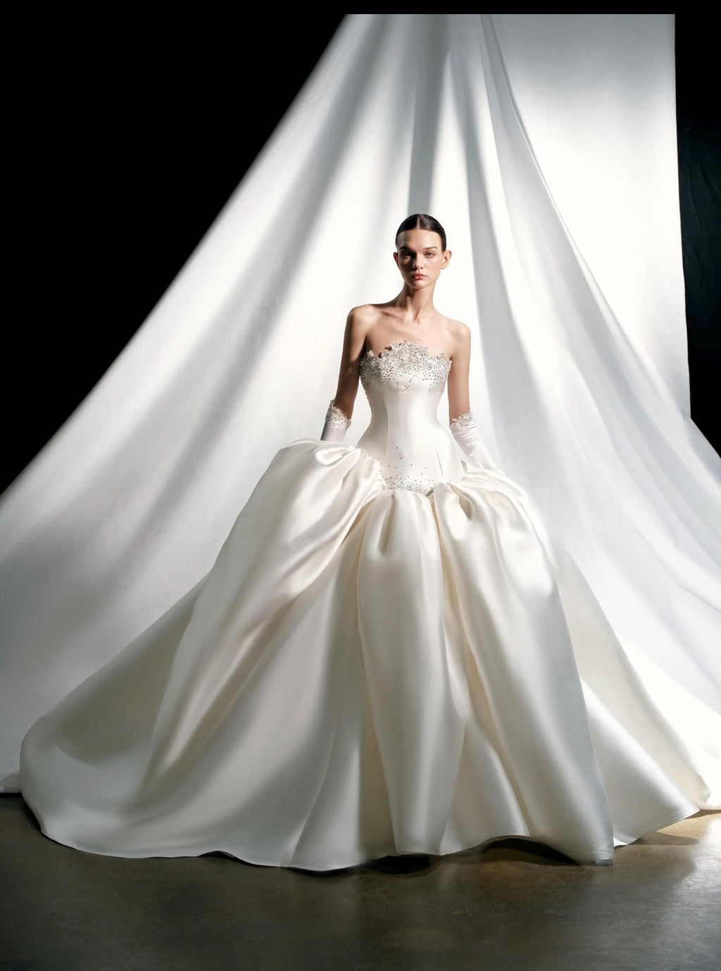Strapless Beaded Satin Ball Gown Wedding Dress, Luxury Voluminous Skirt Bridal Gown with Lace Gloves