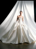 Strapless Beaded Satin Ball Gown Wedding Dress, Luxury Voluminous Skirt Bridal Gown with Lace Gloves