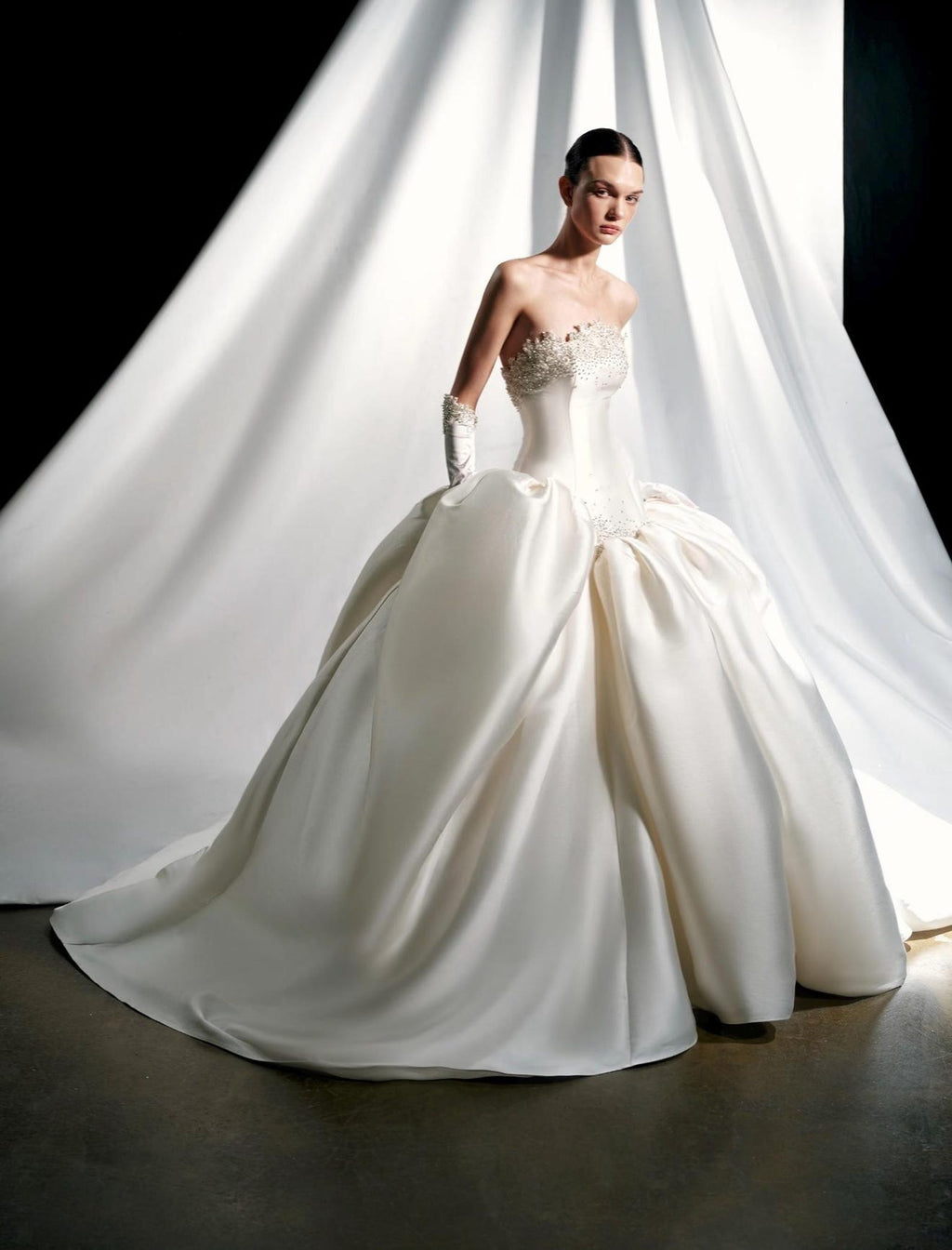 Strapless Beaded Satin Ball Gown Wedding Dress, Luxury Voluminous Skirt Bridal Gown with Lace Gloves