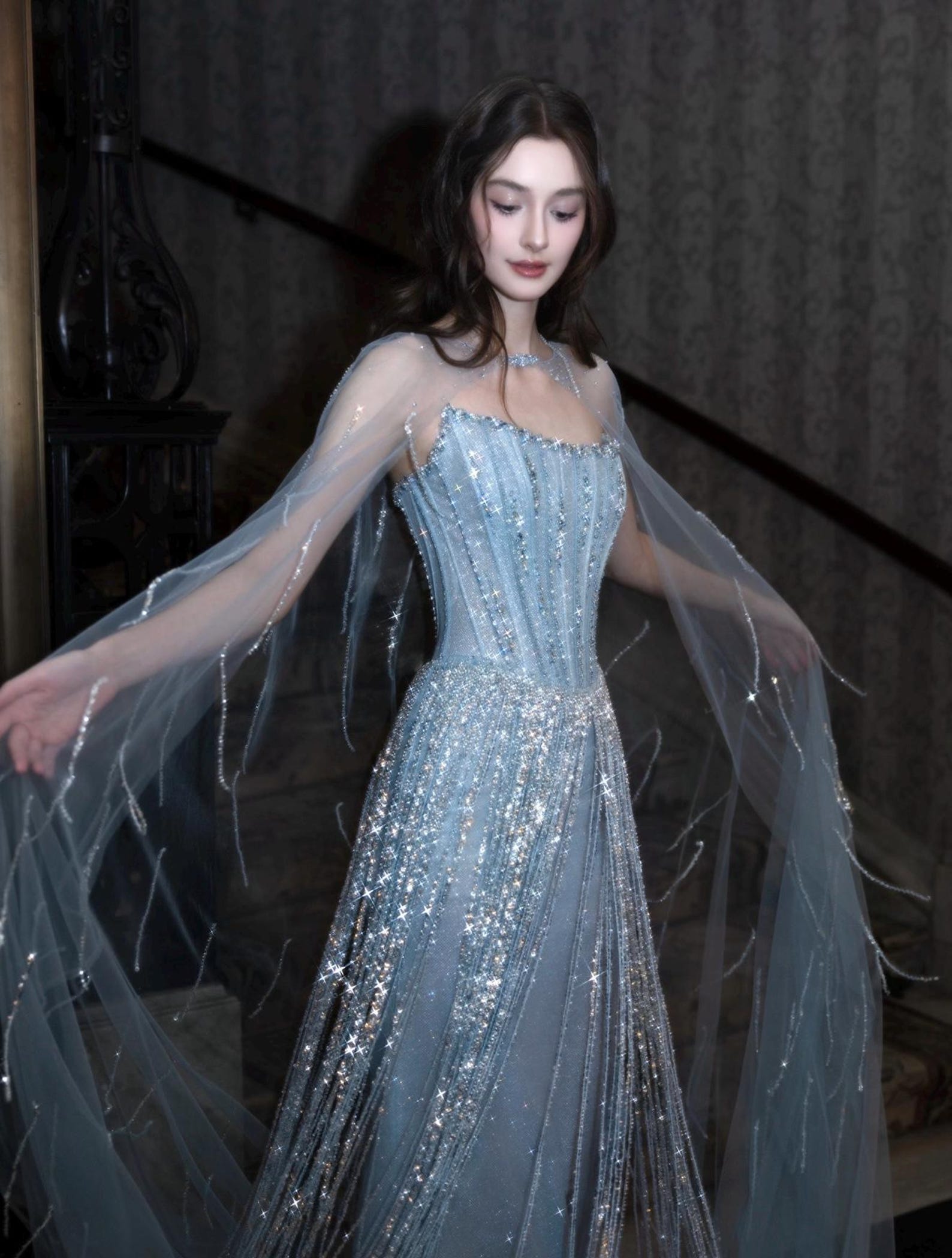 Dusty Blue Rhinestone Fringe Evening Gown Strapless Boned Corset Mermaid Formal Dress with Sheer Cape for Wedding Reception Gala Pageant