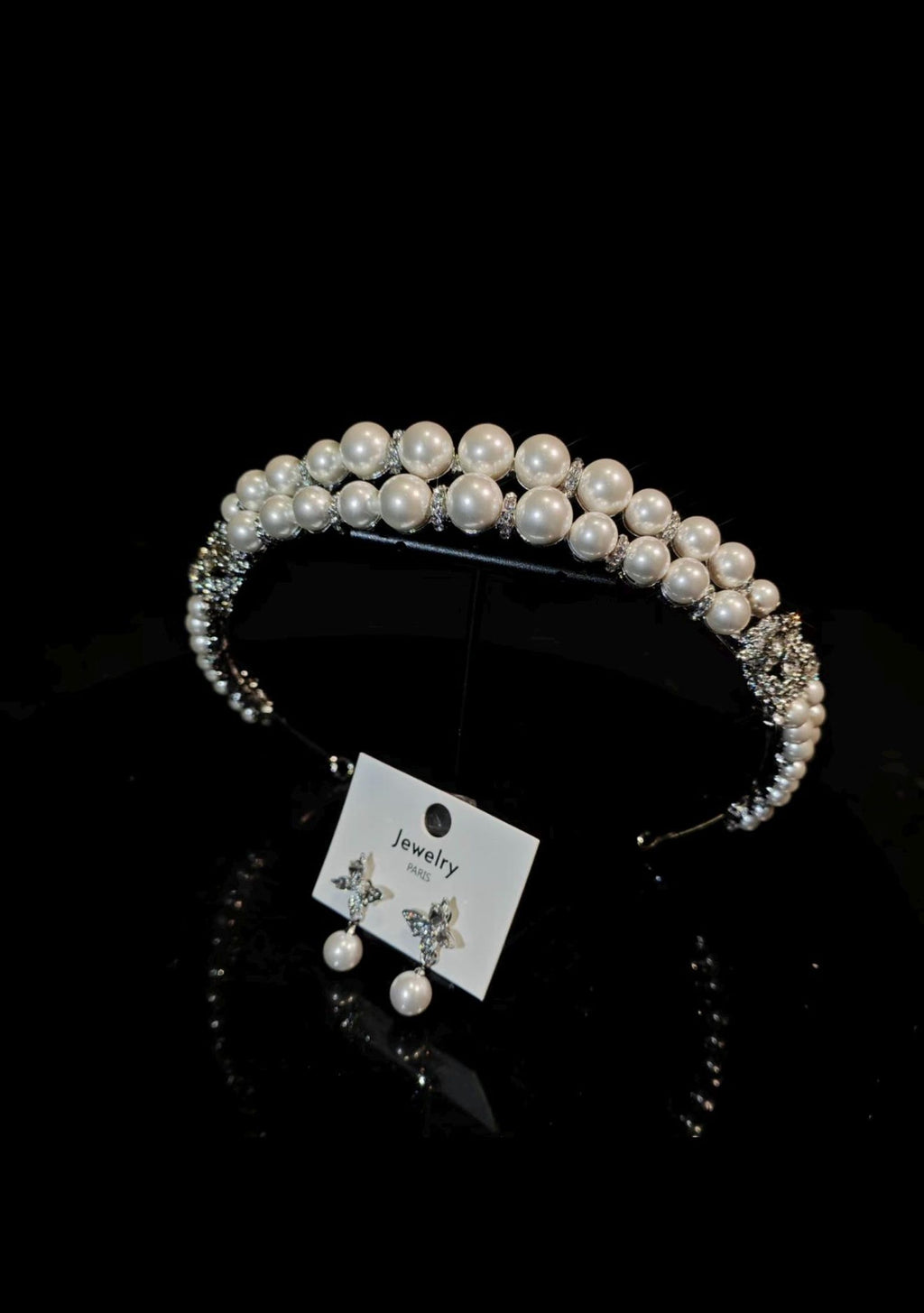 Pearl Rhinestone Bridal Headband & Earrings Set, Silver Classic Pearl Wedding Hair Jewelry for Bride