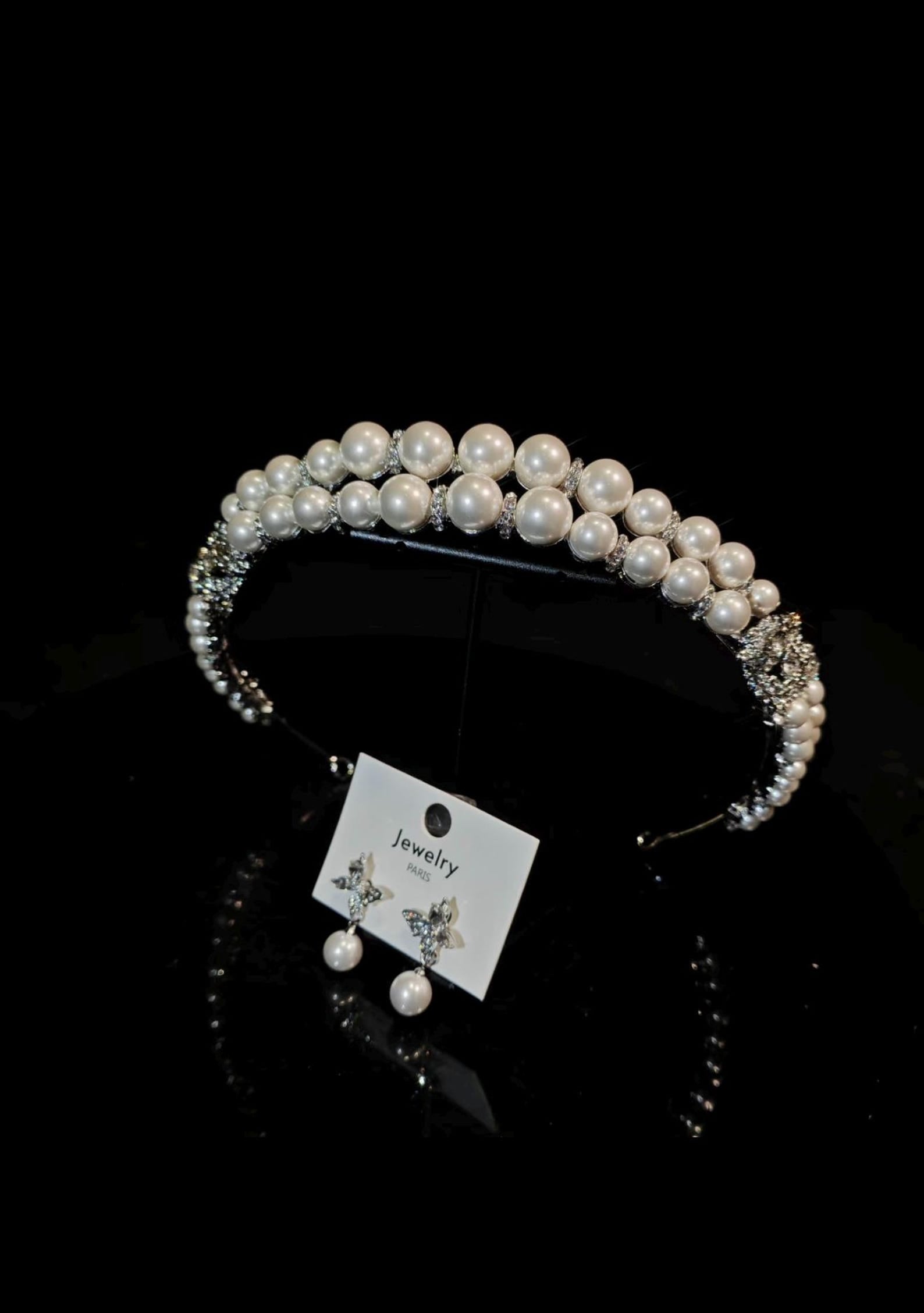 Pearl Rhinestone Bridal Headband & Earrings Set, Silver Classic Pearl Wedding Hair Jewelry for Bride
