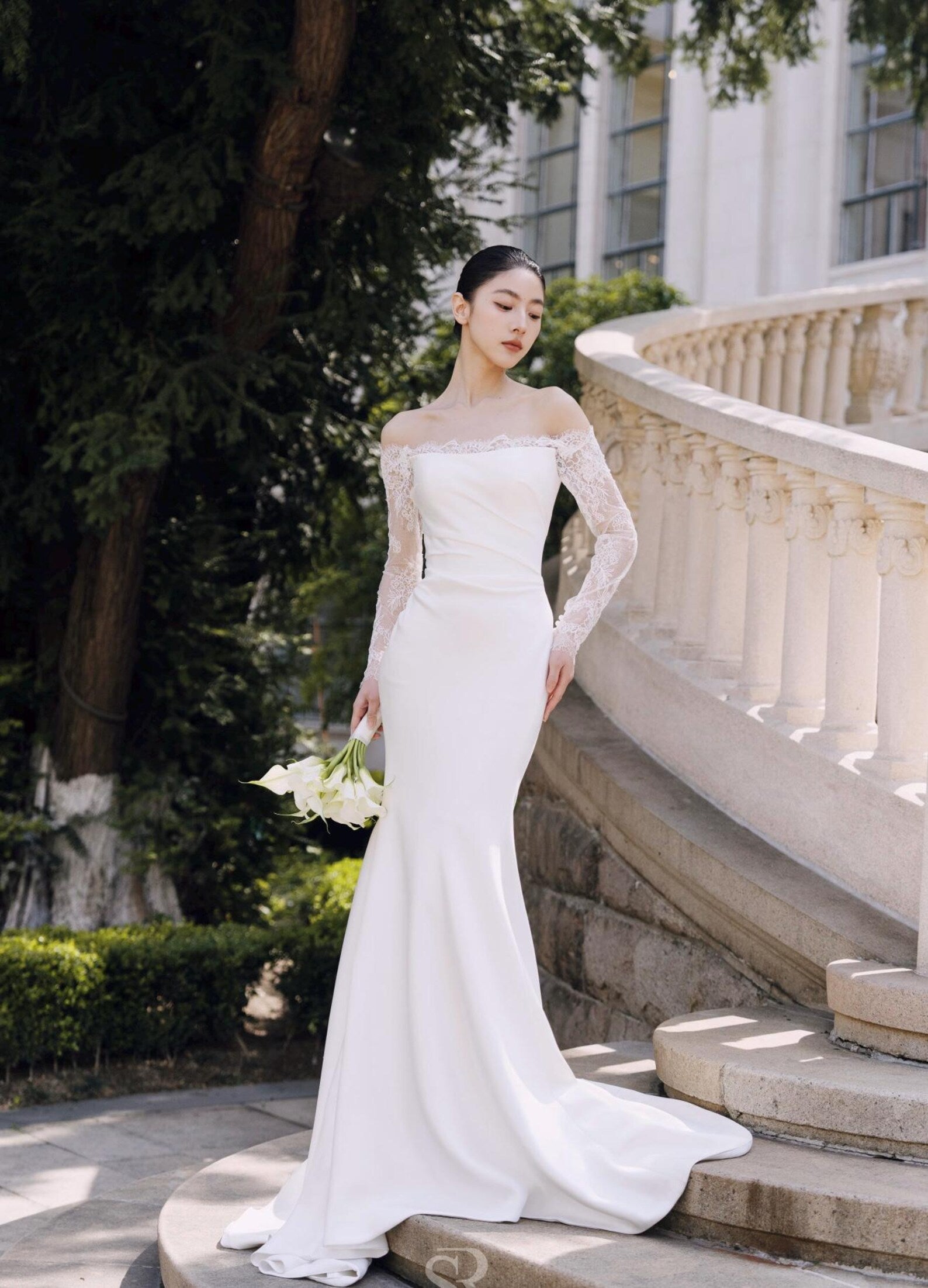 French Minimalist Bridal Gown, Scalloped Lace Long Sleeve Off The Shoulder Satin Mermaid Wedding Dress