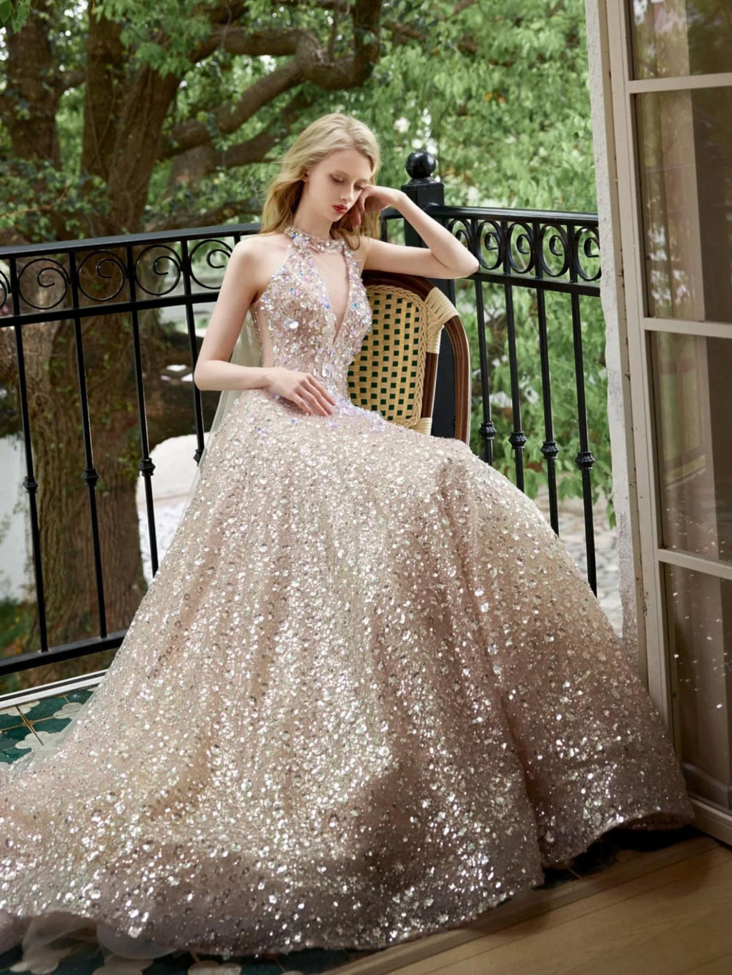 Champagne Halter Sequin A Line Evening Gown, Sparkly Deep V Backless Tulle Formal Prom Dress