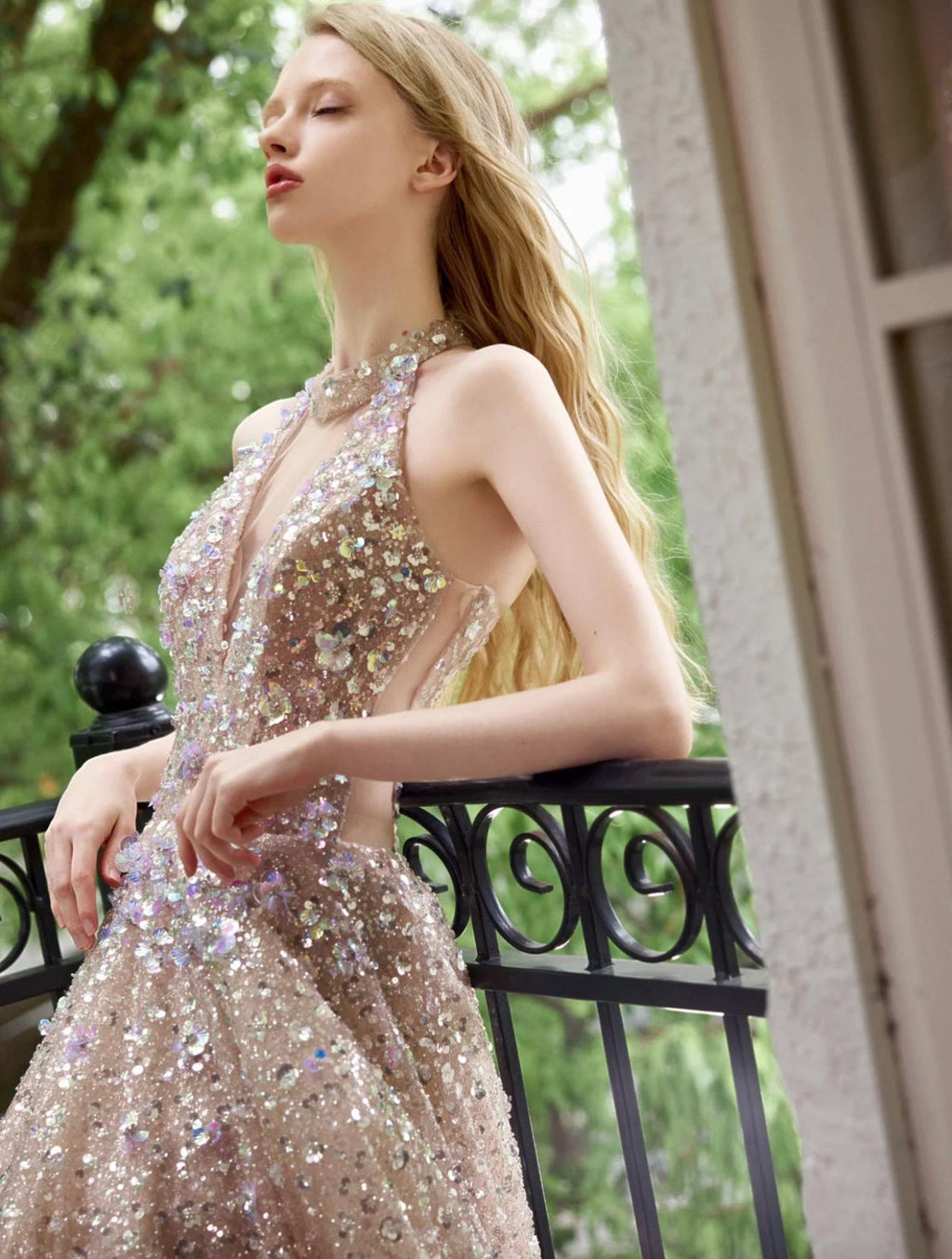 Champagne Halter Sequin A Line Evening Gown, Sparkly Deep V Backless Tulle Formal Prom Dress