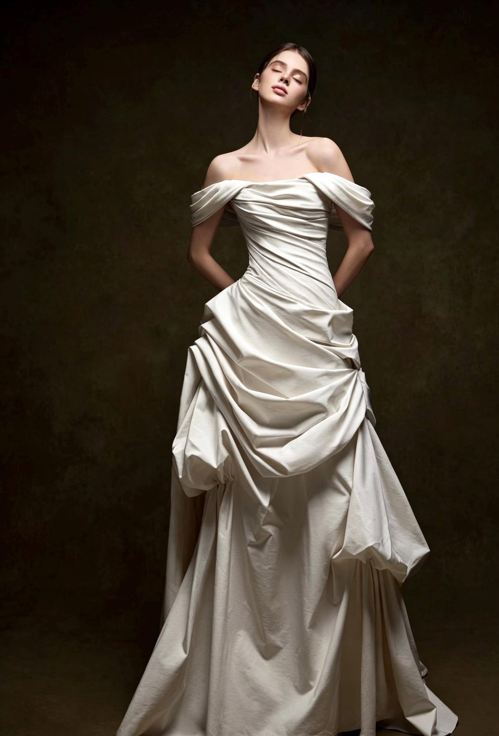 inimalist Off Shoulder Satin Wedding Dress, Asymmetrical Ruched Draped Bridal Gown, Luxury Sculptural Bride Gown