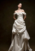 inimalist Off Shoulder Satin Wedding Dress, Asymmetrical Ruched Draped Bridal Gown, Luxury Sculptural Bride Gown