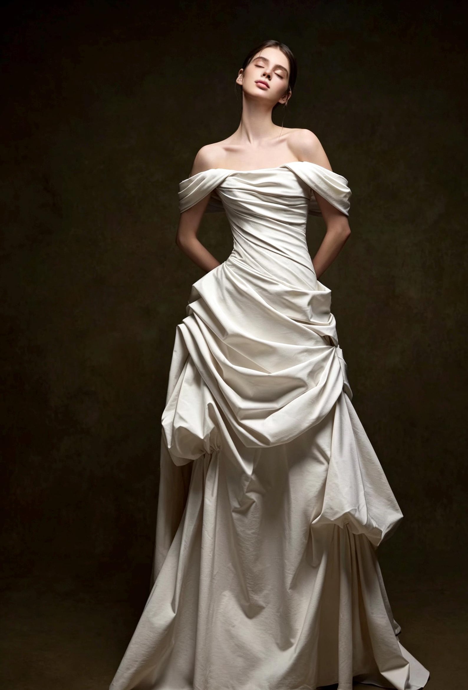 inimalist Off Shoulder Satin Wedding Dress, Asymmetrical Ruched Draped Bridal Gown, Luxury Sculptural Bride Gown