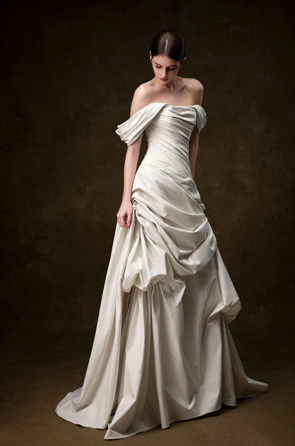 inimalist Off Shoulder Satin Wedding Dress, Asymmetrical Ruched Draped Bridal Gown, Luxury Sculptural Bride Gown