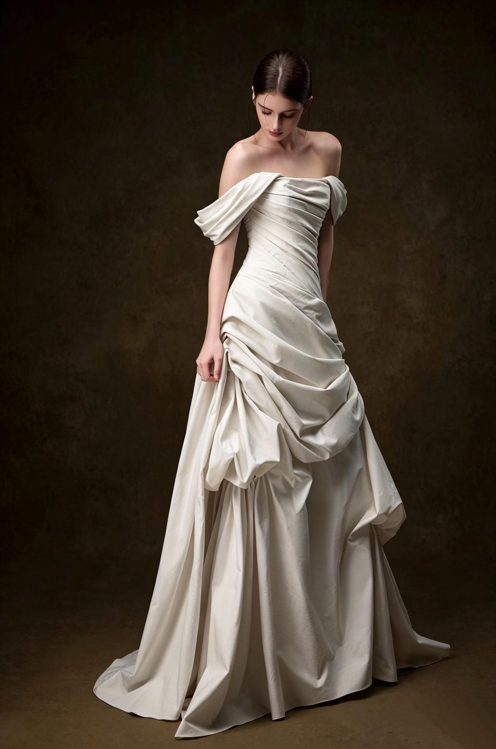 inimalist Off Shoulder Satin Wedding Dress, Asymmetrical Ruched Draped Bridal Gown, Luxury Sculptural Bride Gown