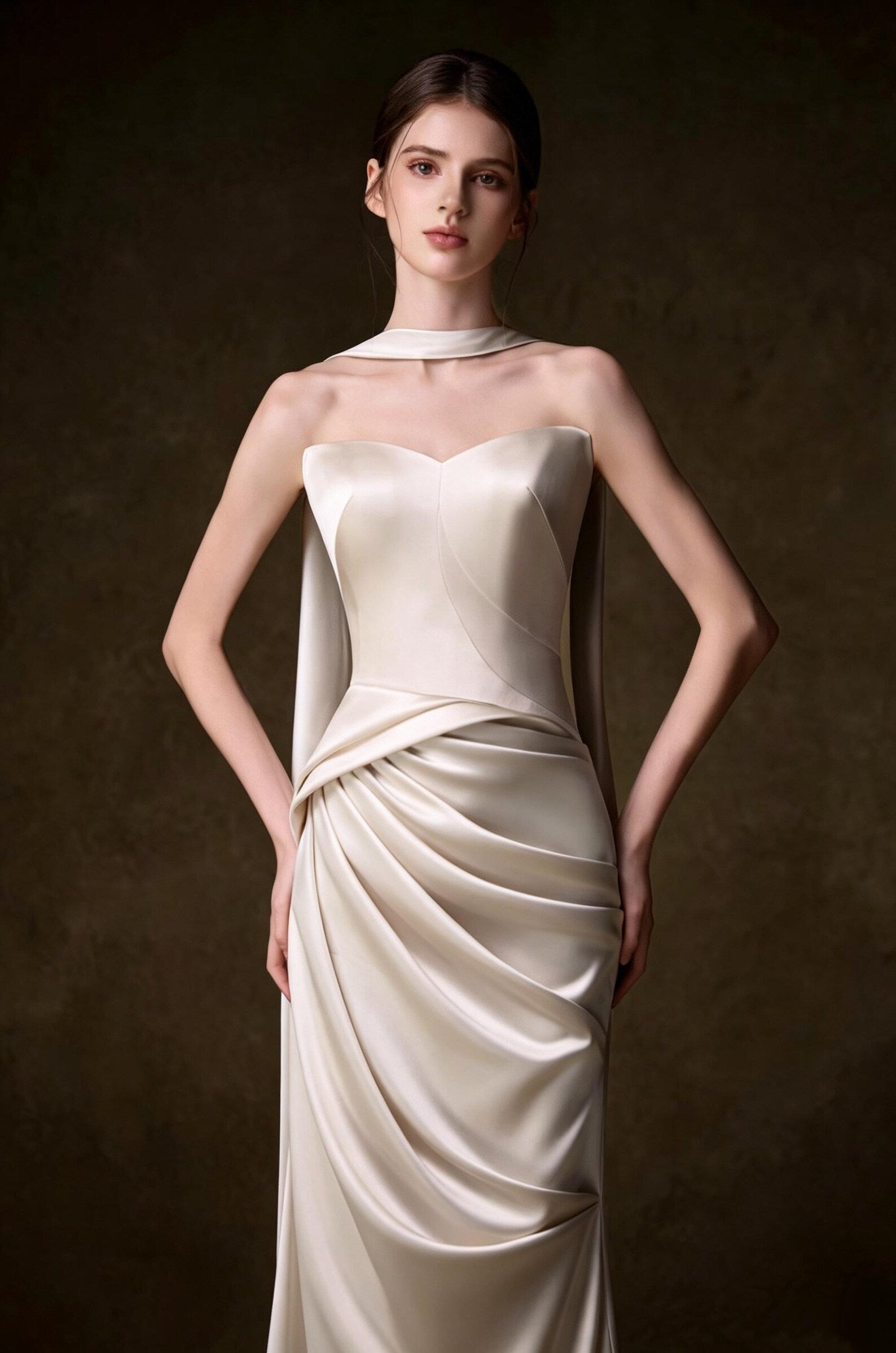 Halter Satin Mermaid Wedding Dress Draped Bridal Gown