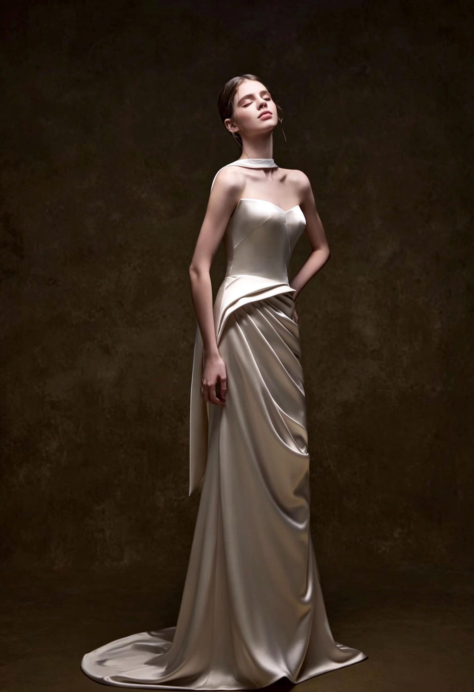 Halter Satin Mermaid Wedding Dress Draped Bridal Gown