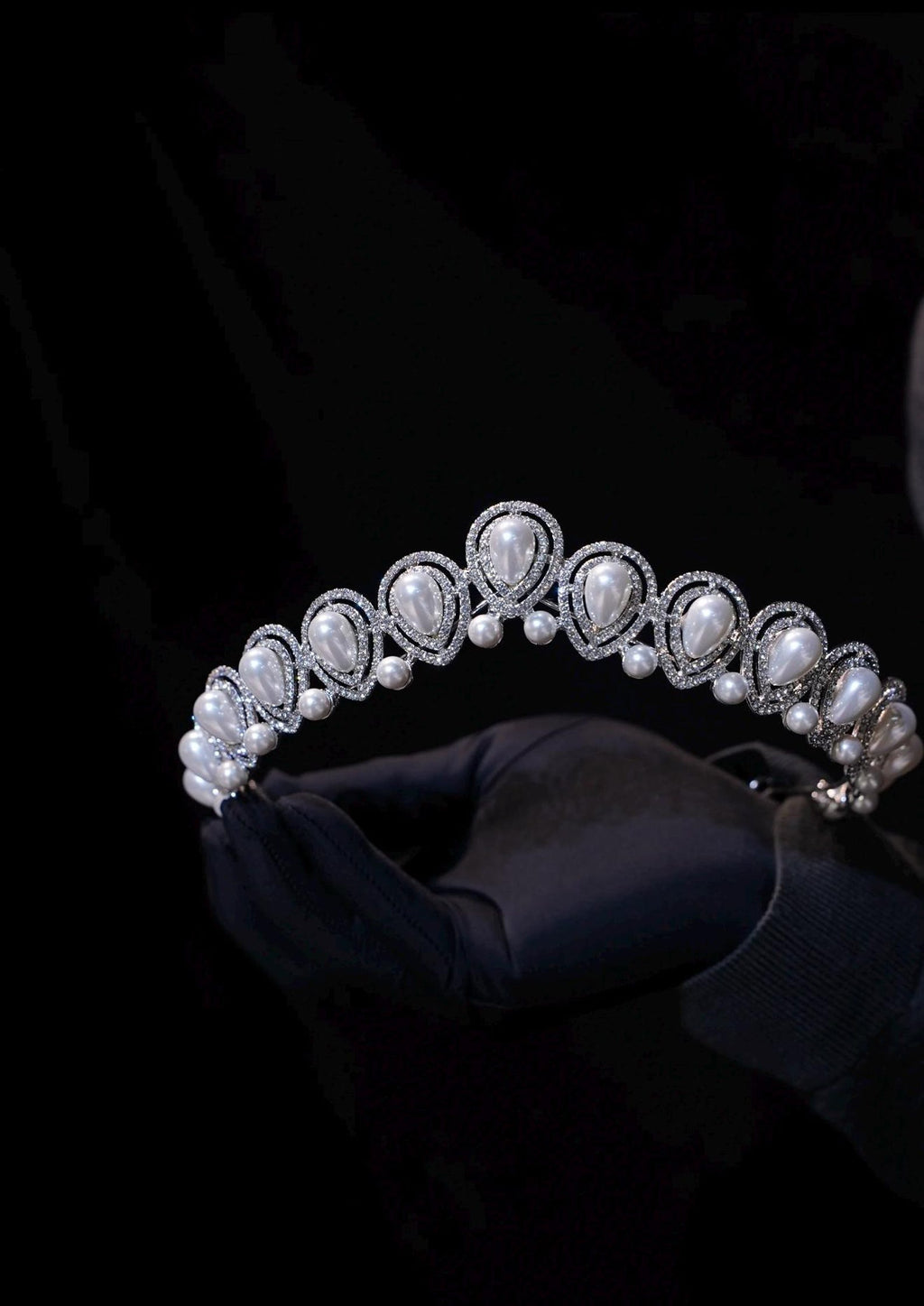 Teardrop Pearl Crystal Bridal Headband, Silver Rhinestone Wedding Tiara For Bride