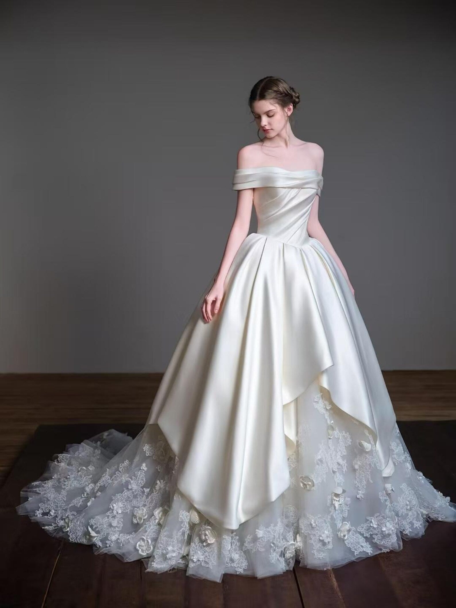 Off Shoulder Satin Ball Gown Wedding Dress, 3D Floral Lace Train Bridal Gown, Luxury Voluminous Wedding Gown