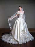 Off Shoulder Satin Ball Gown Wedding Dress, 3D Floral Lace Train Bridal Gown, Luxury Voluminous Wedding Gown