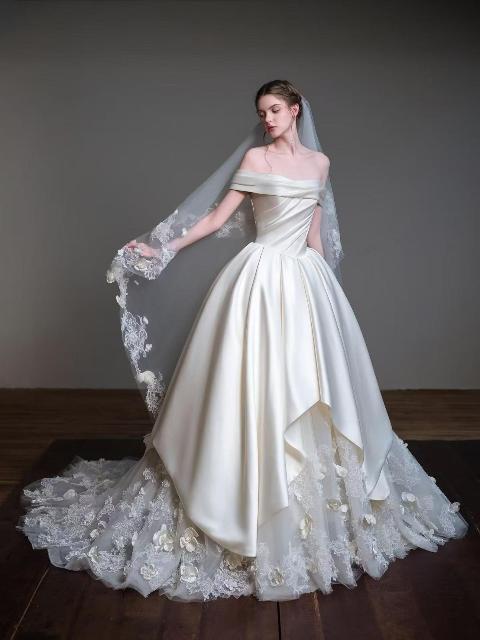 Off Shoulder Satin Ball Gown Wedding Dress, 3D Floral Lace Train Bridal Gown, Luxury Voluminous Wedding Gown