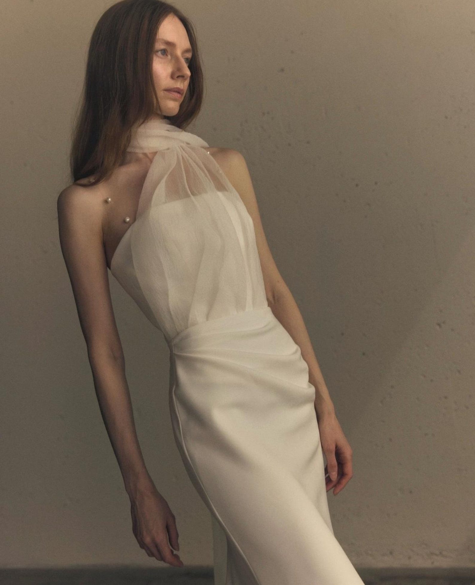 Pearl Strap Draped Satin Mermaid Wedding Dress, Flowing Scarf Neck Minimalist Bridal Gown
