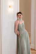 Mint Green Pleated Tulle Evening Gown, Floral Beaded Formal Dress With Choker Neck Scarf