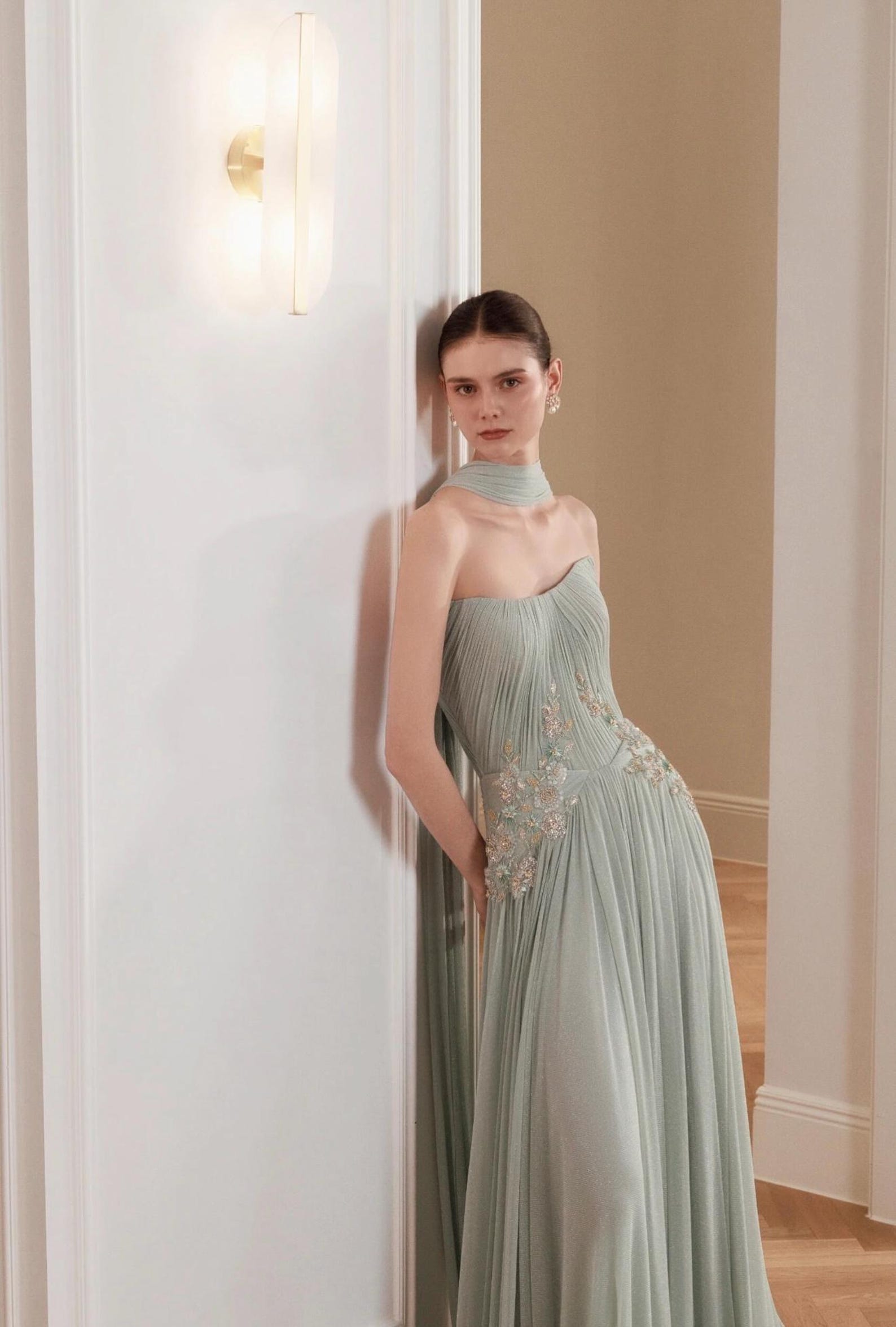 Mint Green Pleated Tulle Evening Gown, Floral Beaded Formal Dress With Choker Neck Scarf
