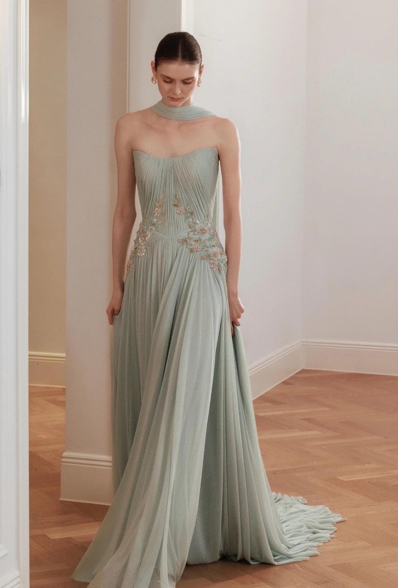Mint Green Pleated Tulle Evening Gown, Floral Beaded Formal Dress With Choker Neck Scarf