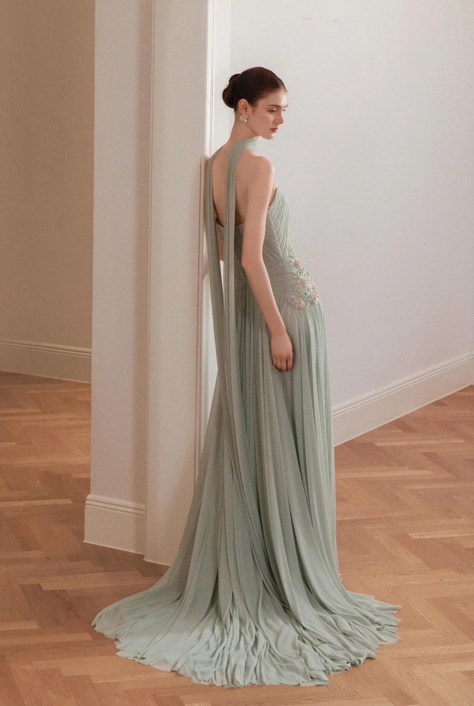 Mint Green Pleated Tulle Evening Gown, Floral Beaded Formal Dress With Choker Neck Scarf
