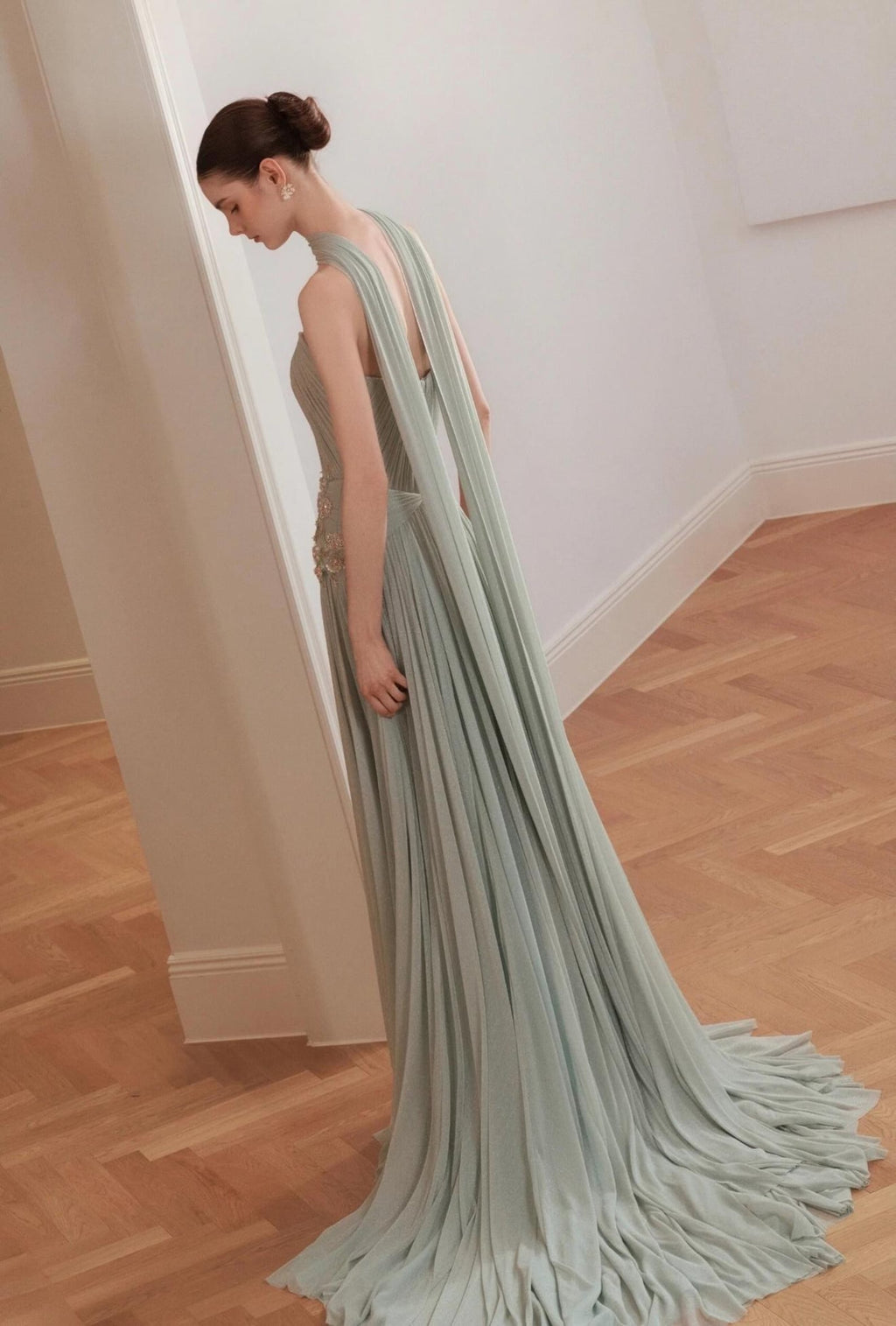 Mint Green Pleated Tulle Evening Gown, Floral Beaded Formal Dress With Choker Neck Scarf