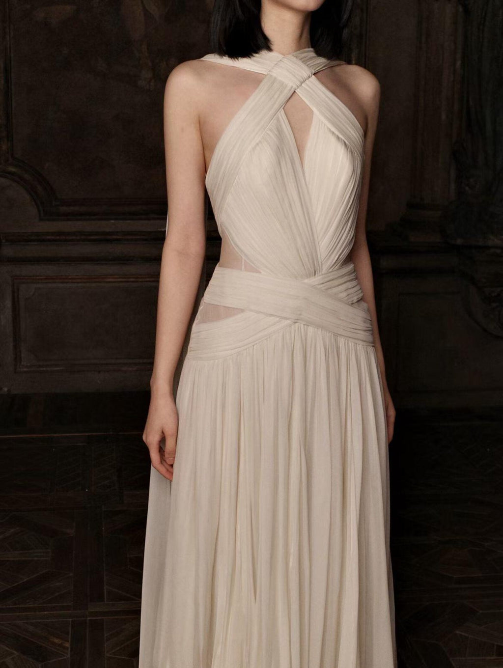 Halter Twist Pleated Chiffon Wedding Gown, Flowy Long Ribbon Bridal Dress, Deep V A-Line Elopement Formal Evening Gown