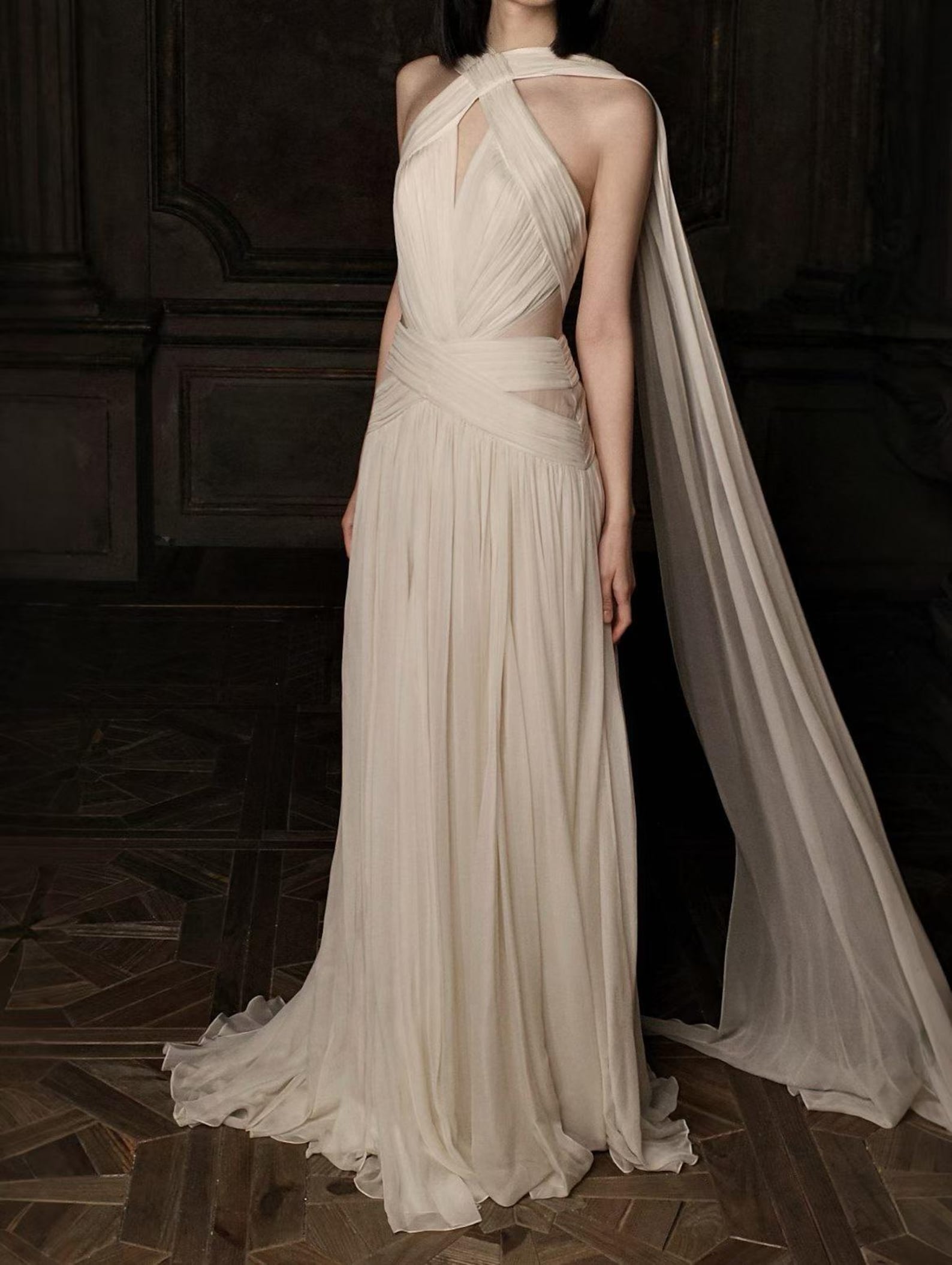 Halter Twist Pleated Chiffon Wedding Gown, Flowy Long Ribbon Bridal Dress, Deep V A-Line Elopement Formal Evening Gown