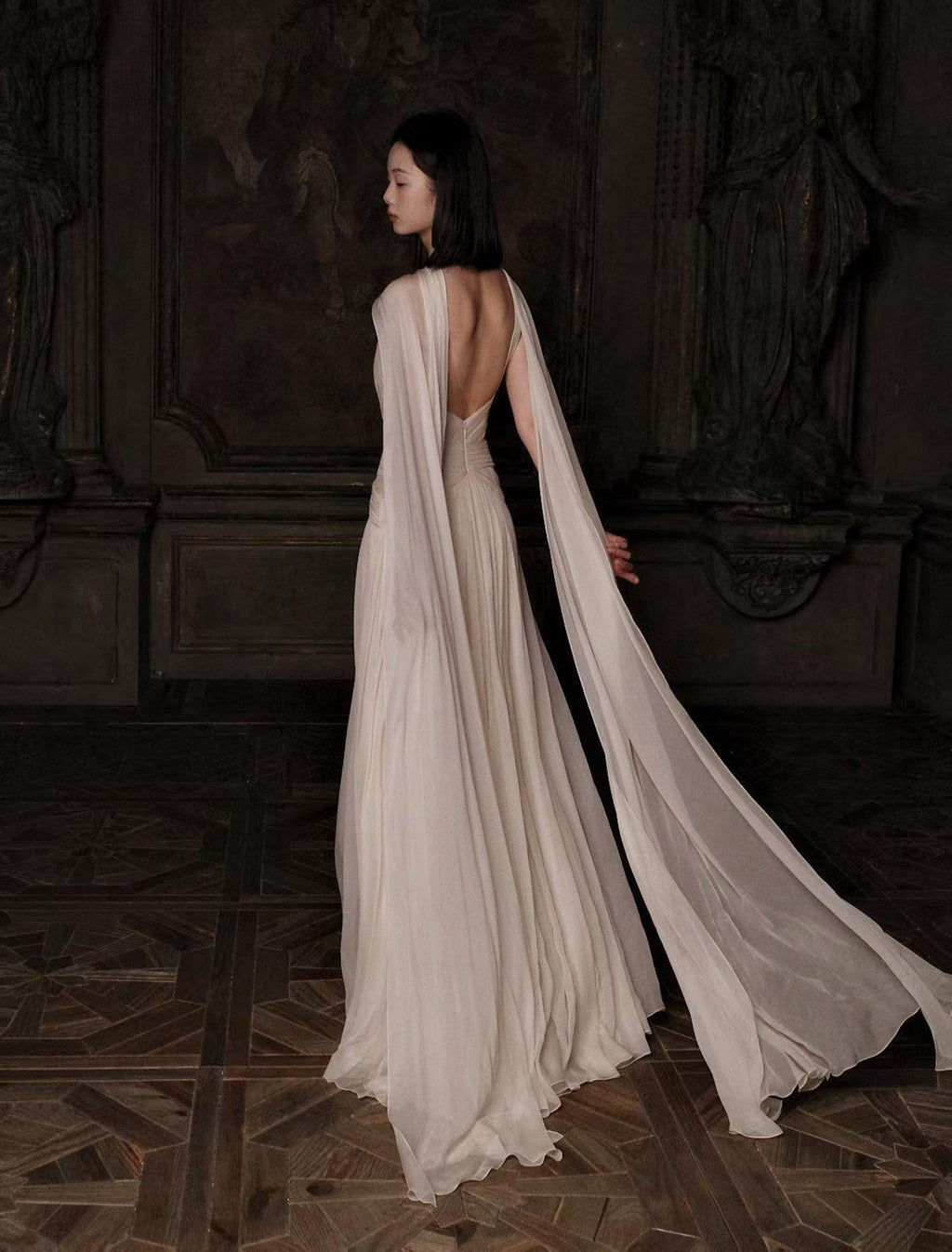 Halter Twist Pleated Chiffon Wedding Gown, Flowy Long Ribbon Bridal Dress, Deep V A-Line Elopement Formal Evening Gown