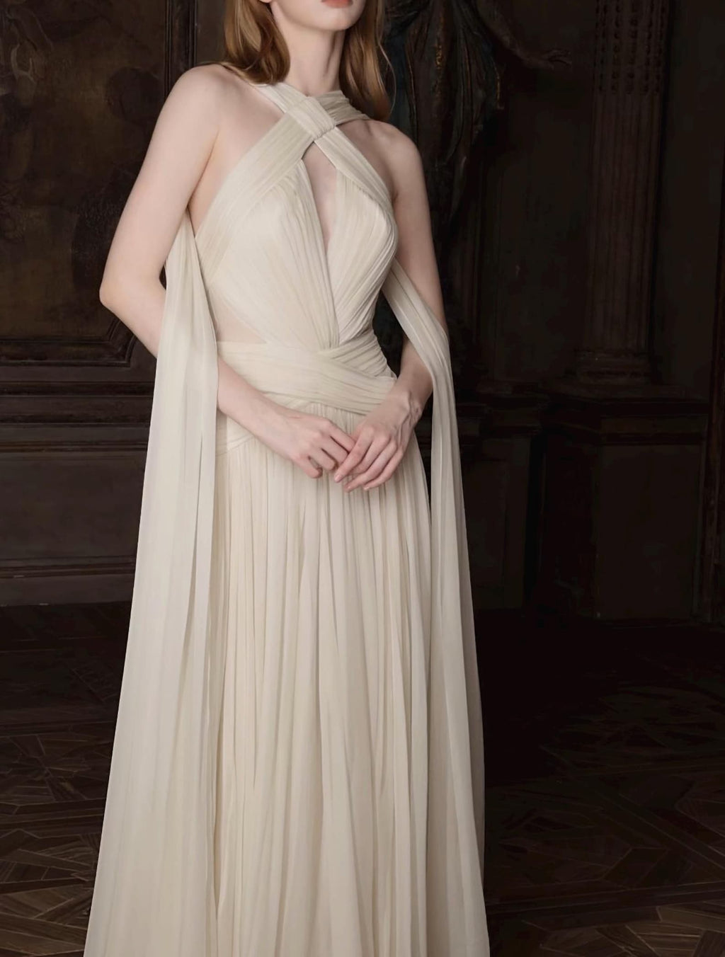 Halter Twist Pleated Chiffon Wedding Gown, Flowy Long Ribbon Bridal Dress, Deep V A-Line Elopement Formal Evening Gown