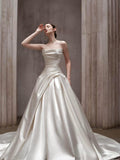 Strapless Draped Satin Ball Gown Wedding Dress, Minimalist Luxury Bridal Gown with Long Train