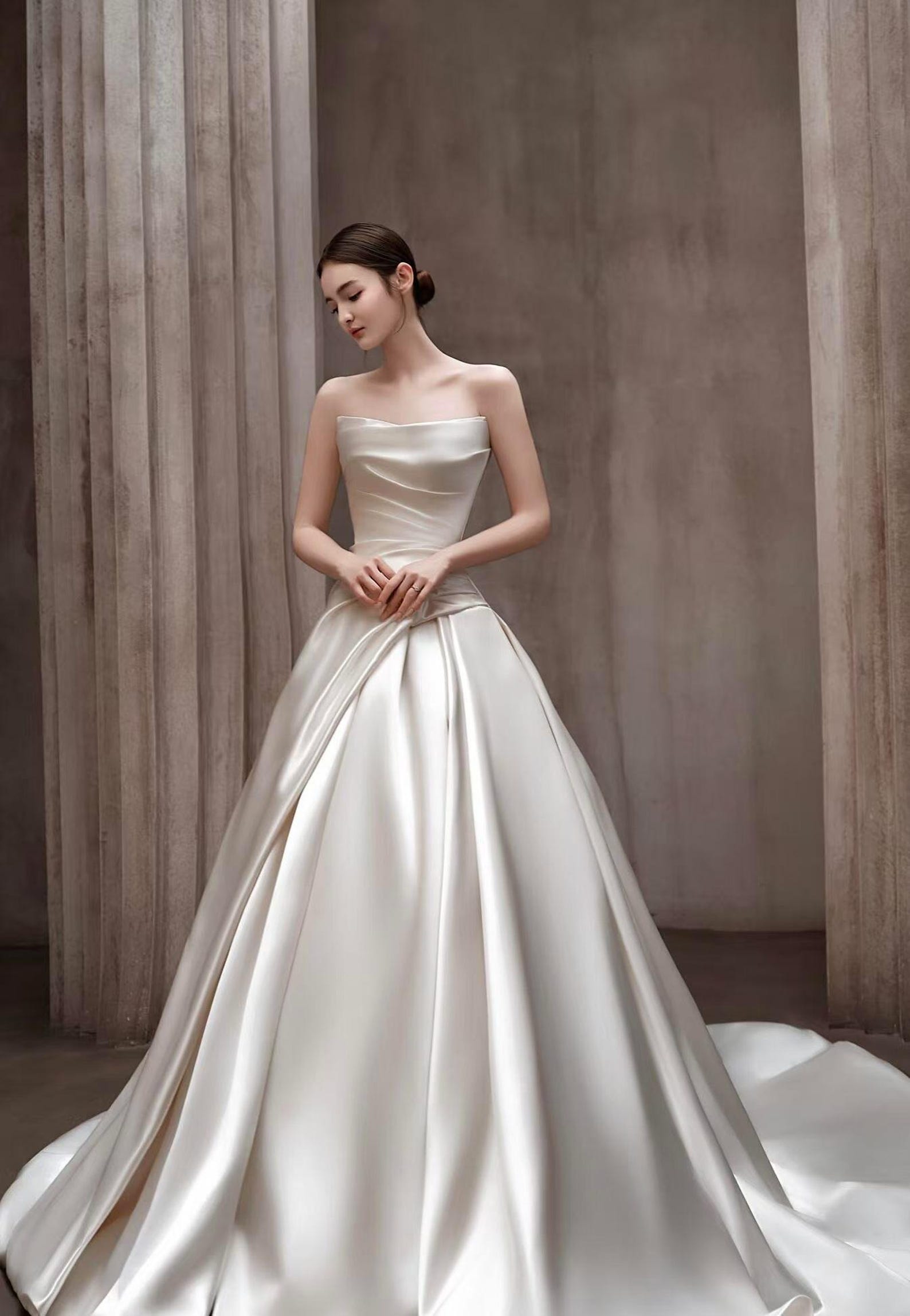 Strapless Draped Satin Ball Gown Wedding Dress, Minimalist Luxury Bridal Gown with Long Train