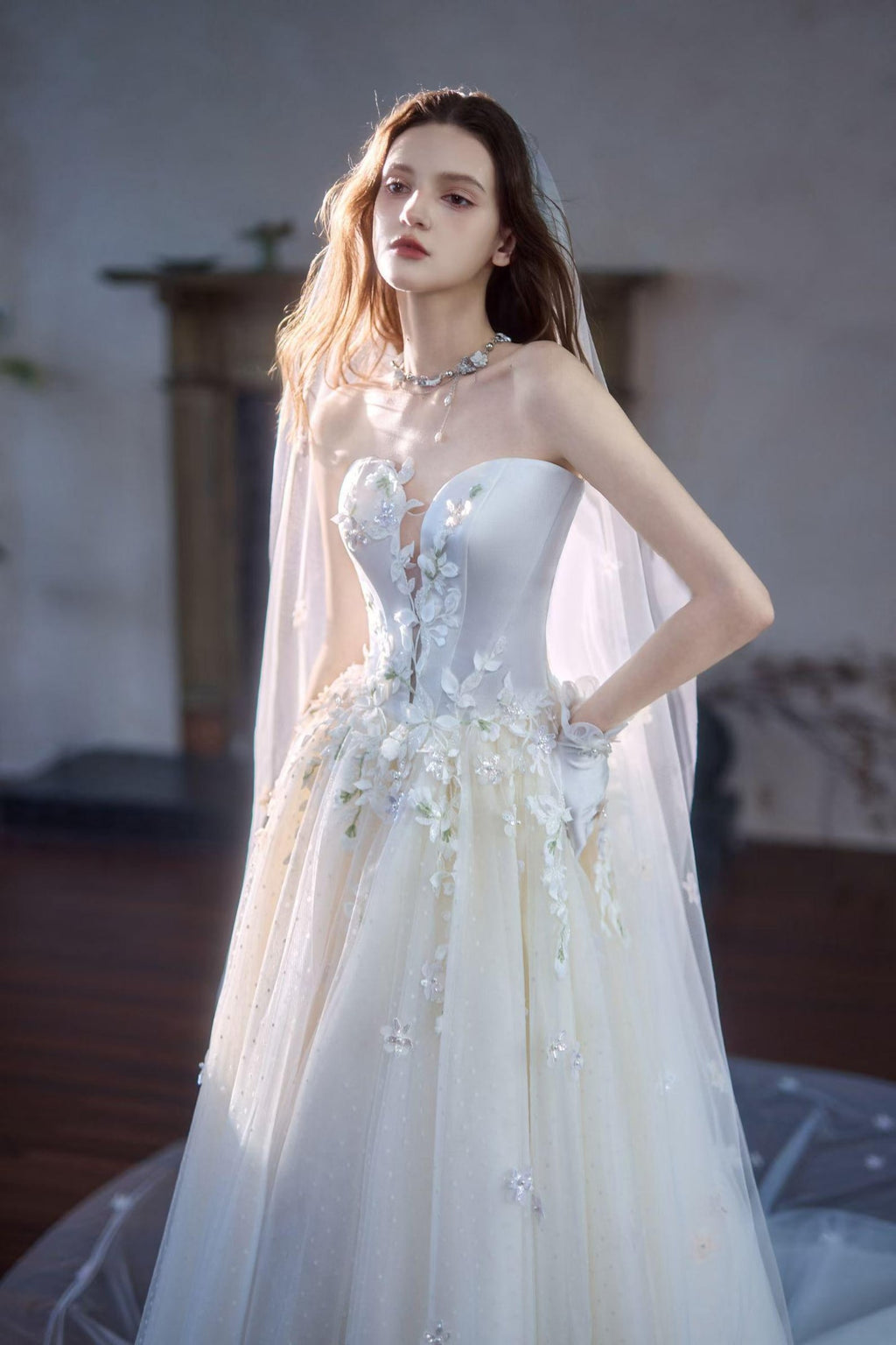 Strapless Satin 3D Floral Ball Gown Wedding Dress